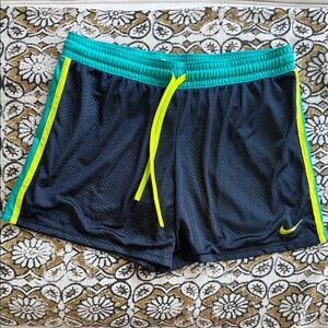 Nike Women’s Navy Athletic Shorts with Teal Waistband and Neon Yellow Trim